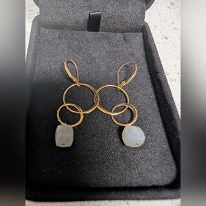 Elegant Gold and White Dangle Earrings, Gallery Quality Moonstones